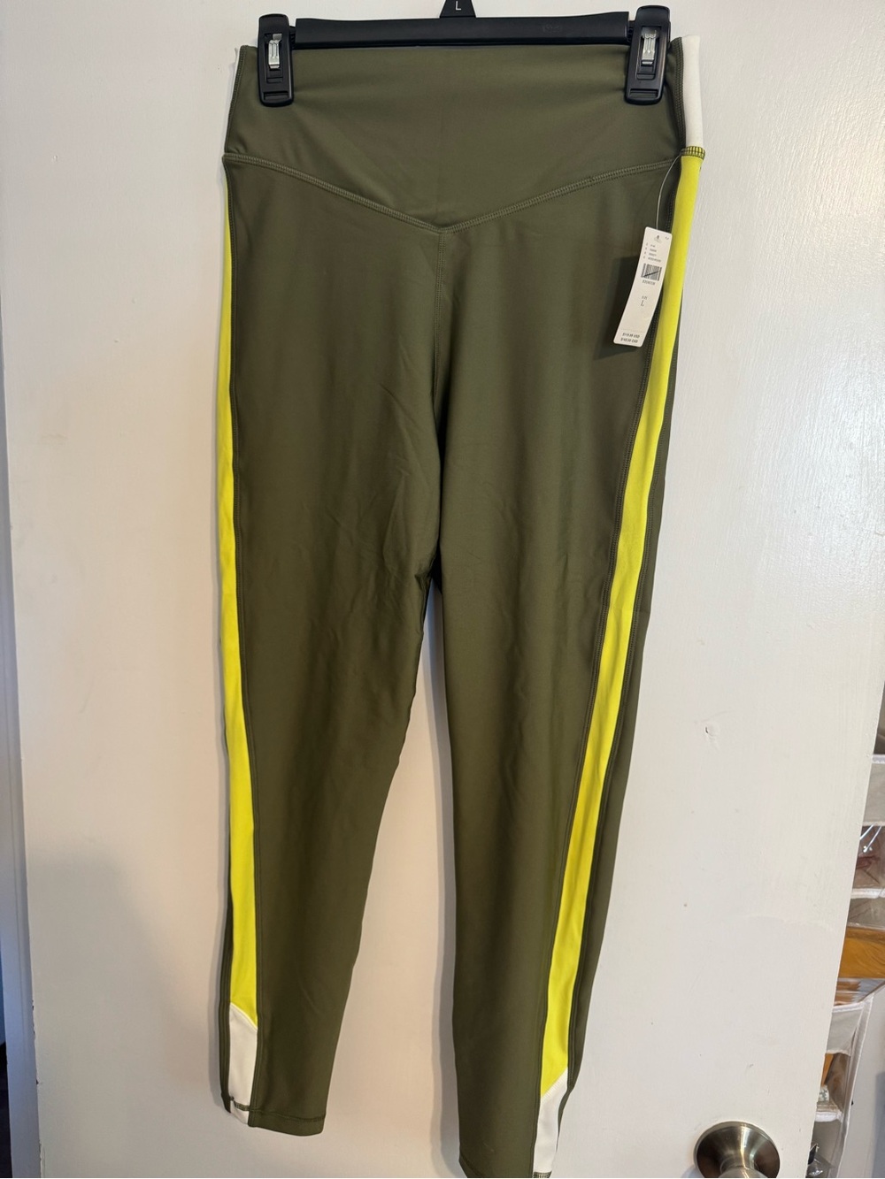Anthropologie The Upside Moss Green Active Leggings with Yellow Stripe NWT L/10